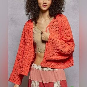POL Neon Orange Boho Crochet Cropped Cardigan
